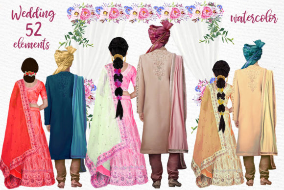 Authentic Hindu Wedding Clipart: Watercolor Indian Couples