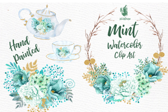 Mint Watercolor Clipart: Floral Design Assets